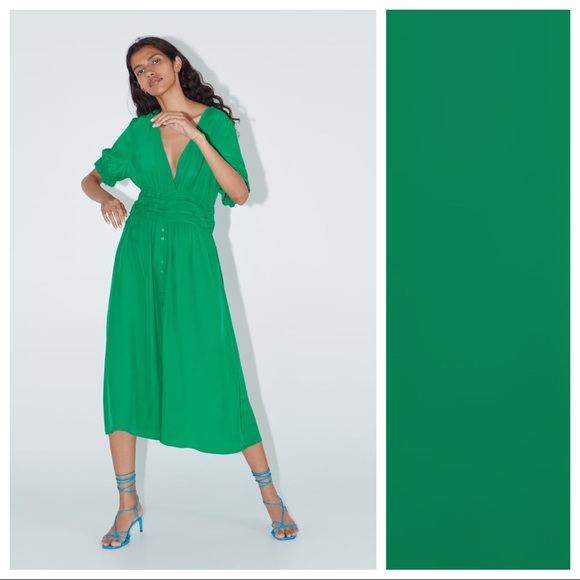 NWT. Zara Green Draped Midi Dress. Size M.